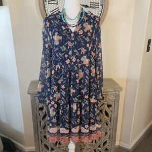 Indigo Soul Floral Long Sleeve Dress - Blue and Salmon